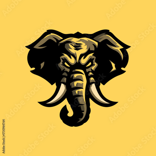 Intense Elephant Head Vector Illustration. Powerful Animal Mascot with Tusks, Aggressive Expression on Golden Background for Design.