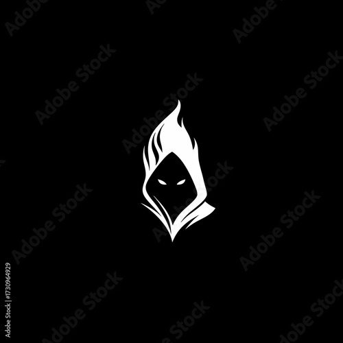 Mysterious hooded figure silhouette with glowing eyes on a dark background, emblematic graphic design for fantasy, gaming, or ominous themes.