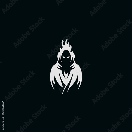 Mysterious hooded figure with fiery aura, abstract ghost or reaper icon design on dark background, minimalist vector graphic emblem
