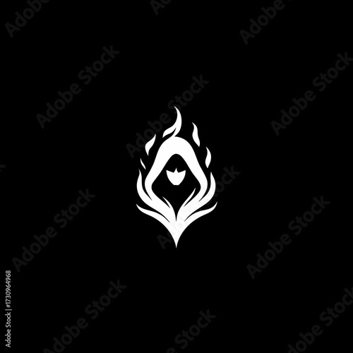Mysterious hooded figure with a powerful fiery aura. Abstract white silhouette on a dark black background, graphic design element.