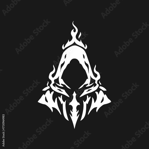 Striking white silhouette emblem of a mysterious hooded figure with fiery, aggressive, tribal design on a dark black background.