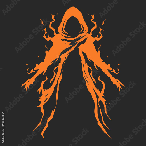 Mysterious hooded figure silhouette with fiery orange wisps on a dark background, abstract digital art, concept of secrecy, magic, power.
