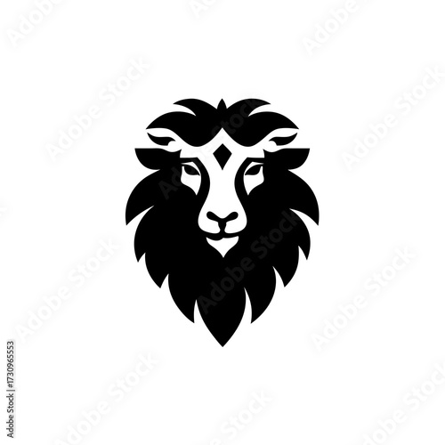 Abstract black sheep or ram head with a majestic mane and decorative forehead mark, modern graphic design element for logos and branding.