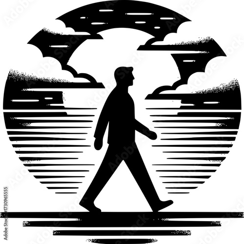 Silhouette's Journey: A solitary figure strides confidently against a backdrop of stylized clouds and a serene sky, symbolizing determination and progress.