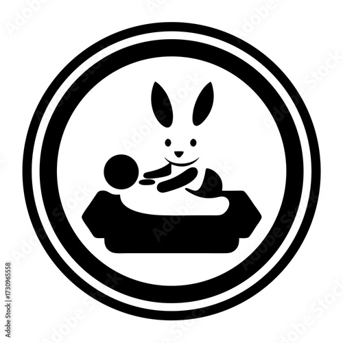 Black and white icon: cute bunny rabbit caring for a baby in a cot, simple pictogram for child care, nursery, and baby product design