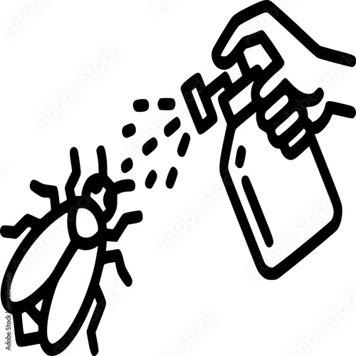 Pest Control: A close-up, line art depiction of a hand spraying insecticide, targeting a cockroach, offering a simple visual metaphor for pest management and cleanliness. 