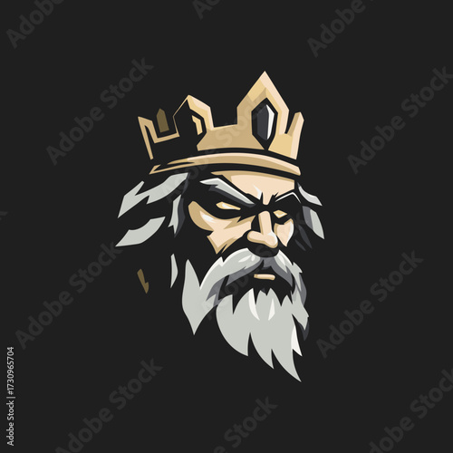 Regal bearded king with golden crown, powerful royal mascot illustration on dark background, majestic ancient ruler emblem design.
