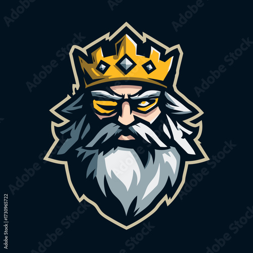 Majestic king head mascot illustration with golden crown and long white beard. Stylized vector art for gaming, esports, and royal designs.