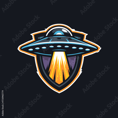 Stylized UFO spaceship logo with glowing light beam inside a shield emblem. Futuristic alien abduction design illustration.