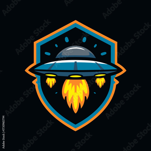 Flying saucer alien spaceship vector emblem. UFO icon design with propulsion flame and shining lights inside a shield shape.
