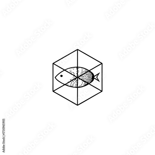 Geometric cube outline with a patterned fish inside, minimalist black and white line art illustration, abstract concept of containment or perspective.