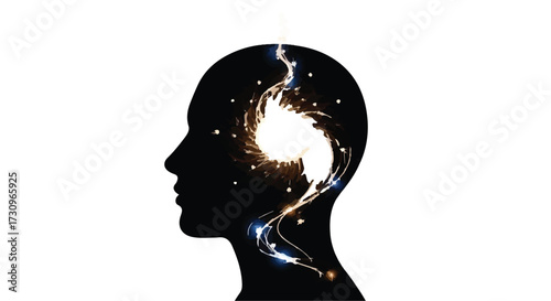 Silhouette of a human head filled with a glowing galaxy and sparks, symbolizing imagination and creativity.