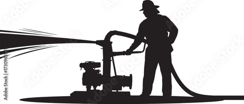 Silhouette of a firefighter operating a water pump and hose vector