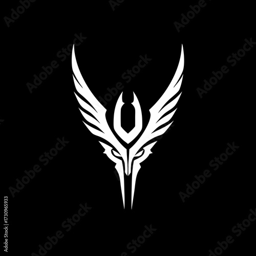 Majestic stylized white phoenix bird emblem on black background. Abstract mythical creature logo with spread wings for design.