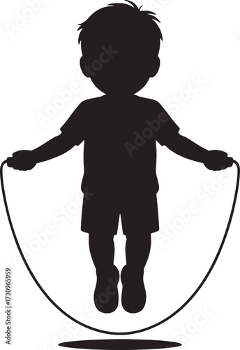 Silhouette of a young boy jumping rope with a shadow skipping child