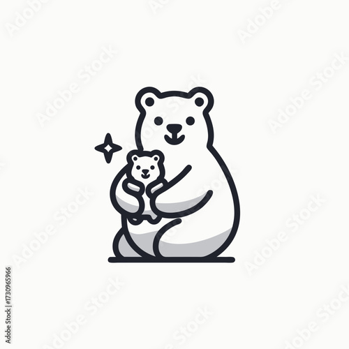Minimalist line art illustration of a happy mother bear embracing her baby cub, symbolizing love, family, and protection.