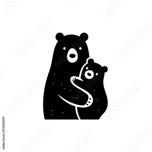 Cute minimalist black bear and cub embracing, simple graphic illustration of animal love, family bond, and tenderness