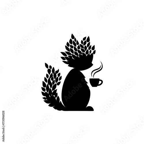 Stylized black silhouette of an adorable creature with leaf fur holding a steaming hot coffee cup, minimalist design vector illustration