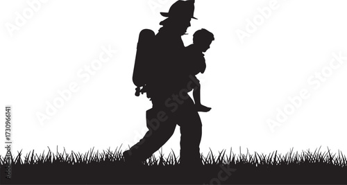 Silhouette of firefighter carrying child over grass rescue