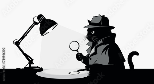 Black Cat Detective Investigating with Magnifying Glass Under Desk Lamp