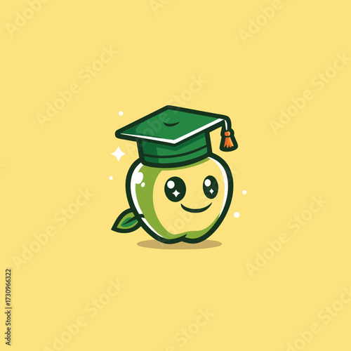 Cute cartoon green apple character wearing a graduation cap, smiling happily, symbolizing education, learning, academic success, and knowledge.