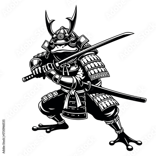 Frog samurai warrior illustration in black and white vector art