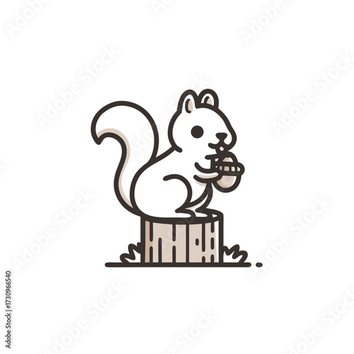 Charming minimalist cartoon squirrel illustration holding an acorn on a tree stump. Adorable forest animal vector art.