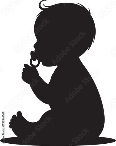 Black silhouette of a baby sitting and holding a pacifier in its mouth white