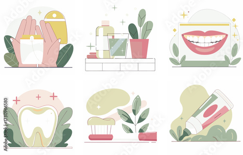 Vector illustration set of dental care and oral hygiene icons including toothpaste, toothbrush, tooth, mouthwash, smiling teeth, medical checkup and healthy smile elements for clinic and healthcare de