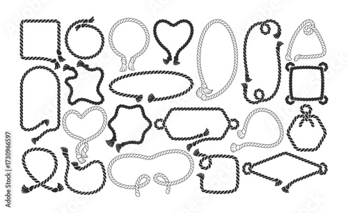 Rope frames of different shapes and forms with empty space black and white monochrome isolated set