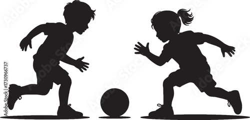 Black silhouette of a boy and a girl playing soccer on a white background children kids