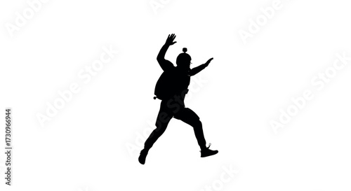 Silhouette of a skydiver in mid air on a white background