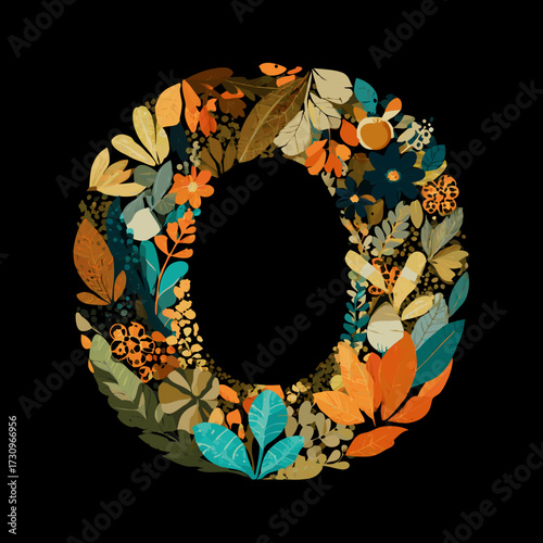 Elegant botanical letter O illustration featuring autumn leaves, vibrant flowers, and natural elements for a decorative alphabet design.
