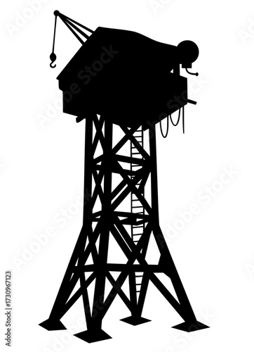 Old port crane silhouette with lattice tower and cabin, dockside gantry crane for shipyard and cargo loading