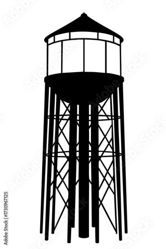 Water tower silhouette with metal frame, industrial reservoir for storage and supply