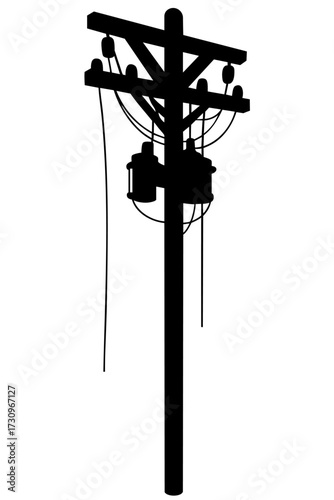 Utility pole silhouette with power lines and transformers, electricity distribution