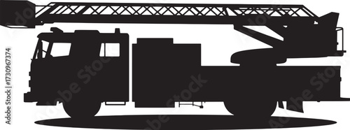 Black silhouette of a fire truck with an extended ladder truck emergency vehicle