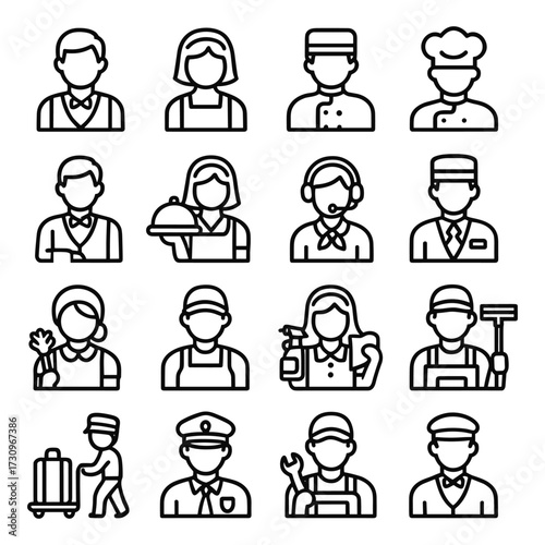 Hospitality worker vector icons. Outline symbols. Line design