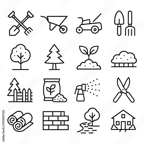 Outdoor landscaping equipment icons pack. Outline symbols. Line design