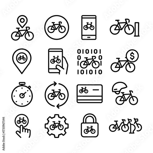 City bicycle transportation icons pack. Outline symbols. Line design