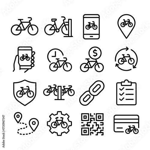 Public bike sharing service icons. Outline symbols. Line design