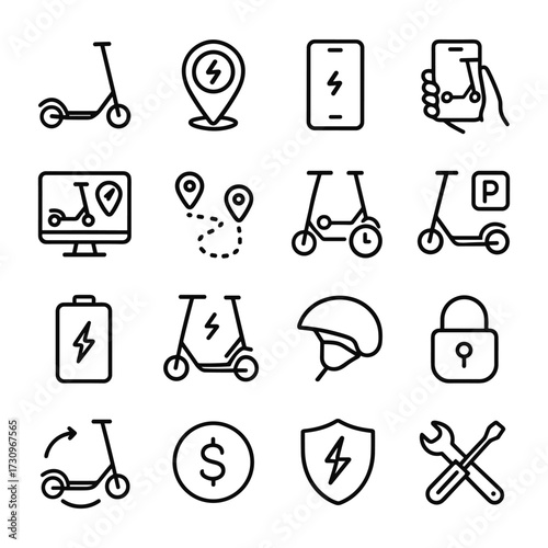 Electric scooter sharing icons vector set. Outline symbols. Line design