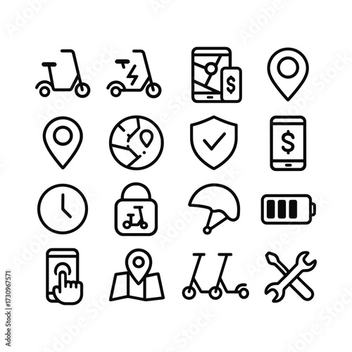 Electric mobility scooter icons pack. Outline symbols. Line design