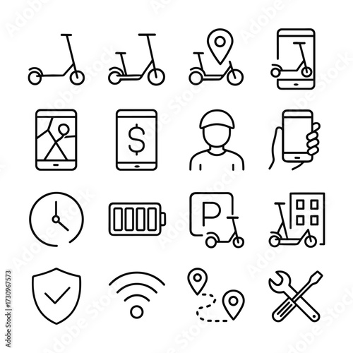 Smart scooter rental service icons. Outline symbols. Line design