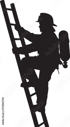 Black silhouette of a firefighter climbing a ladder with an oxygen tank on their back black and white