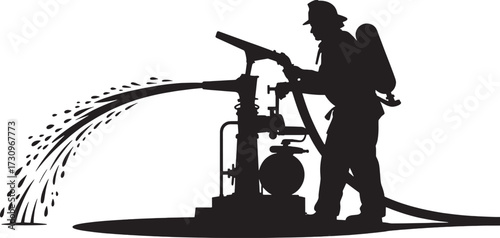 Black silhouette of a firefighter operating a water pump spraying water black and white