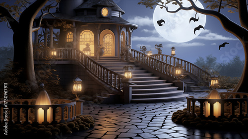 halloween night scene.  spooky, gothic house with a grand stone staircase and glowing lanterns at night, illuminated by a huge full moon and silhouetted bats, a perfect halloween scene. Helloween 