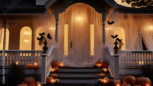 spooky halloween house porch at dusk decorated with sheer white fabric, floating bats, many pumpkins, and glowing candles for a festive, eerie atmosphere. Helloween 