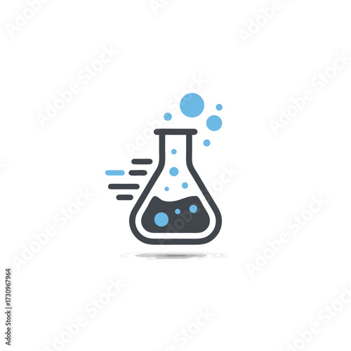 Dynamic laboratory flask icon with bubbling liquid and speed lines, representing fast chemical reaction, scientific research, and innovation.