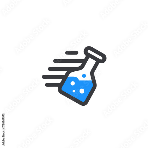 Dynamic laboratory flask icon with blue liquid, bubbles, and motion lines, symbolizing fast chemical reaction or quick scientific process.
